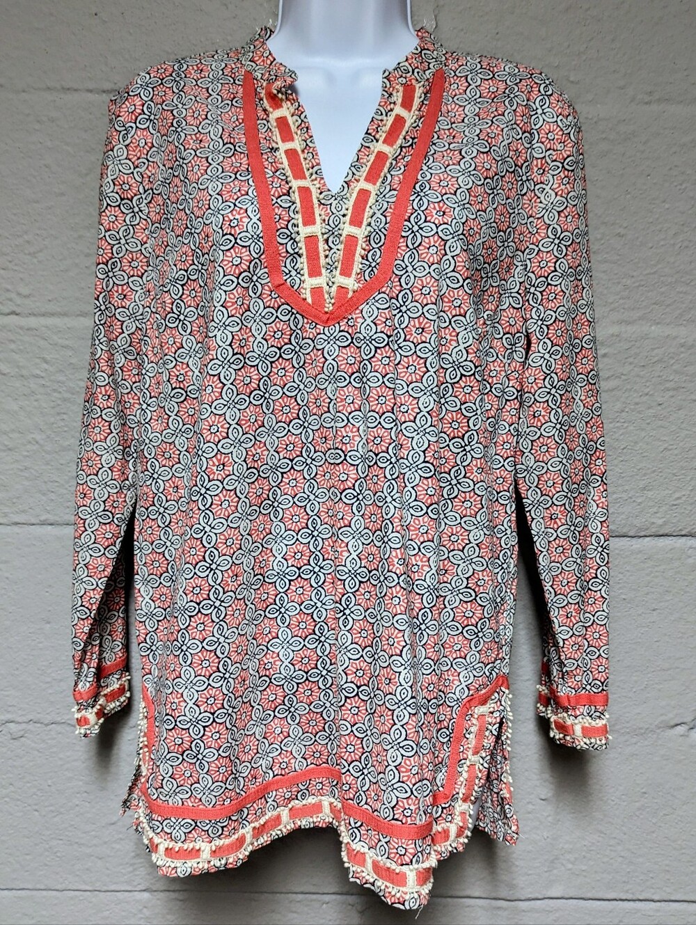 St Tropez West Size L Embroidered Tunic Top Long Sleeve